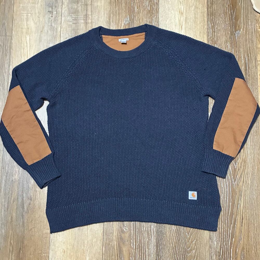 Carhartt Womens Waffle Knit Elbow Patch Crewneck Sweater XXL Navy/Brown Classic